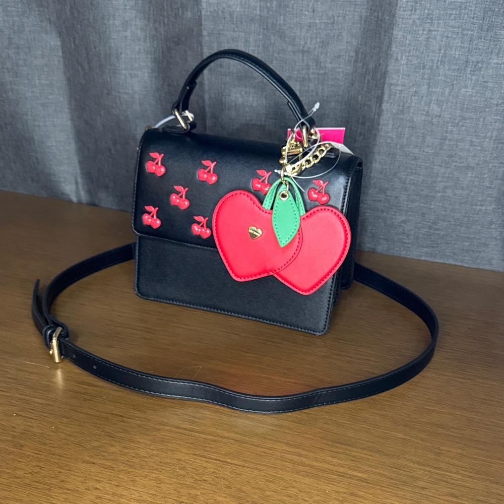 Betsey Johnson Black Crossbody Bag with Red Cherries & Heart Charms - Picture 4 of 17